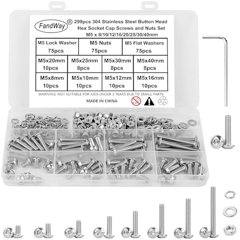 FandWay 299 Pièces Vis Boulon et écrous Rondelles M5,Vis à Six Pans Creux,Vis à Métaux Tête Bombée Hexagonale,Boulon a Tête Cylindrique en Acier Inoxydable 304,Avec 1 Clés Hexagonales.
