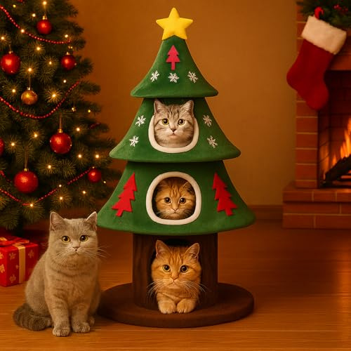 COMHOAM Árbol rascador de 135 cm de alto, diseño de árbol de Navidad, árbol para gatos de varios niveles con casa para gatos, con columnas para rascar, bola de juego, árbol de escalada estable para