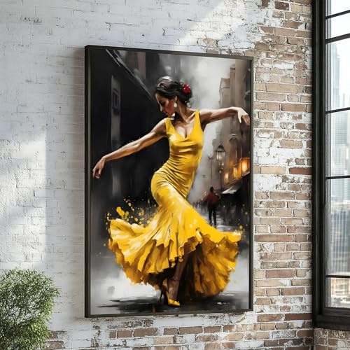 CAOXTART Flamenco-Tänzerin auf Leinwand, Wandbild im gelben Kleid, Wandkunst mit spanischem Tanz, elegante Poster und Drucke mit Tänzerinnenmotiven (70 x 100 cm/rahmenlos)