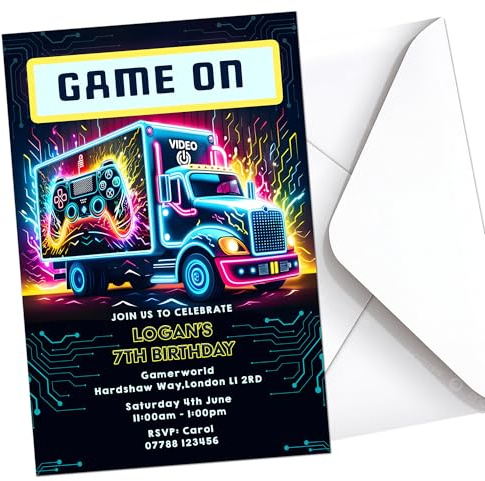 Gaming Truck Van Party Invites Birthday Invitations & Envelopes Personalised K260