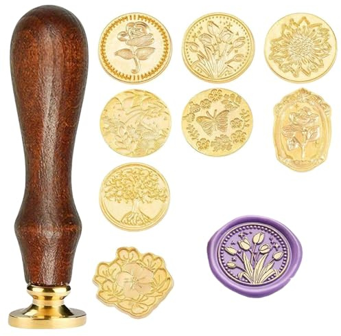 8 Stück Blumen Wachssiegel Stempel + 1 Holzgriff Satiskid, Rundes Siegelwachs Set mit 8 Wechselbaren Köpfen für Hochzeit, Einladungen & Geschenke