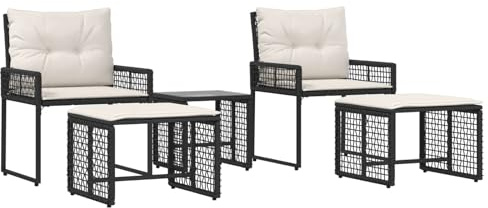 PHGTYUK Gartenmöbel-Set mit Kissen 5 pcs Schwarz Weiß, Poly-Rattan Sitzgruppe mit Akazienholz, geflochtenes Webmuster für Terrasse und Garten