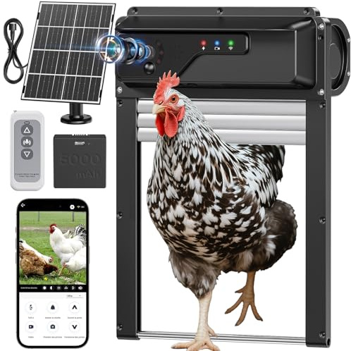 Porte Poulailler Automatique avec Caméra WiFi et Application, Porte à Enroulement Gain de Place pour Poulailler, Recharge Solaire, Contrôle à Distance, Minuterie, Anti-pincement