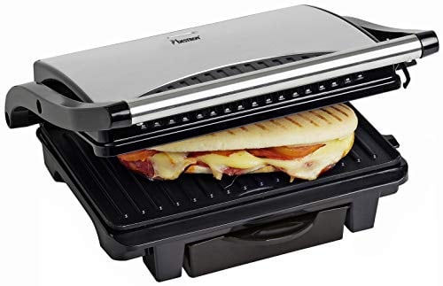 Bestron elektrischer Kontaktgrill mit Auffangschale, Sandwichmaker mit Cool-Touch-Handgriff & Antihaftbeschichtung, Paninimaker mit 1000 Watt, ASW113S, Farbe: Silber / Schwarz