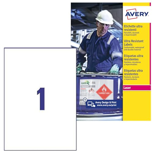 AVERY Zweckform L7917-10 Strapazierfähige Folienetiketten (10 Aufkleber, 210x297mm auf A4, extrem stark selbstklebend, für schwierige Oberflächen, bedruckbare Outdoor Klebefolie) 10 Blatt, weiß