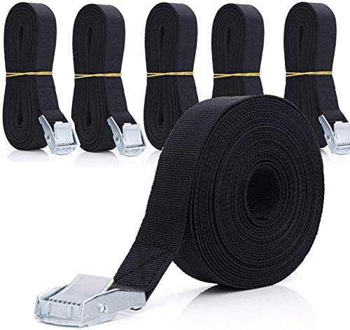 ASelected 5m Long Lashing Straps 6 Pack - Trailer Tie Down, Car Roof Rack Cam Buckle With Clips - Black Heavy Duty Tensioning Belts for Fixed Cargoes, Kayaks, Luggage