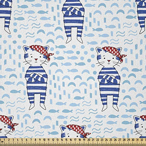ABAKUHAUS Pirates Stoff als Meterware, Katze im blauen Matrosenanzug, Microfaser Multi Zweck Dekostoff für Kunsthandwerke, 3M (230x300cm), Weiß Blau Rot