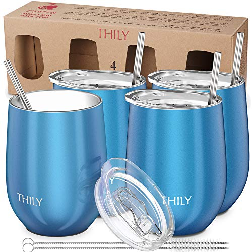 THILY Stainless Steel Stemless Wine Glasses 4 Pack Triple Vacuum Insulated Cute Wine Tumbler Set Travel Cup with Lid, Reusable Straw,350 ml, Keep Hot or Cold for Beer, Coffee, Sparkle Blue