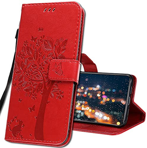 IMIRST Handyhülle für Xiaomi Mi 10 Smartphone, Leder hülle für Xiaomi Mi 10 Pro Flip Geldbörse Schutzhülle mit Kreditkarten, Ständer für Xiaomi Mi 10 / Xiaomi Mi 10 Pro. KT1 Wish Tree Red