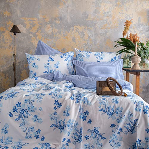 LERUUM Bettwäsche 155x220 Baumwolle Sommer Blumen Gestreift Blau Weiß Reversibel Bettbezug Set mit 1 x Kissenbezug 80x80