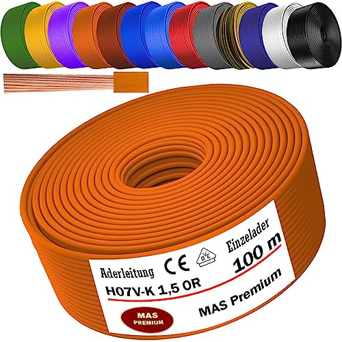 Cable de 5 a 100 m H07 V-K 1 x 1,5 mm², cable flexible simple (naranja, 100 m)