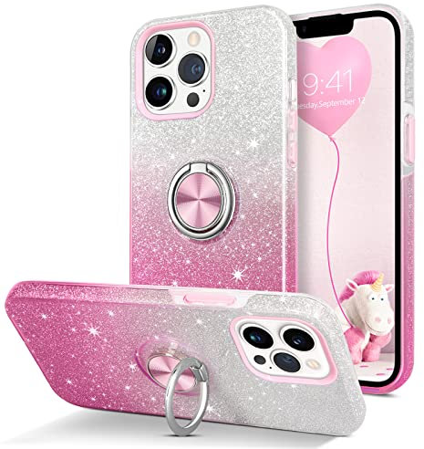 YINLAI iPhone 13 Pro Max Case with Ring Holder Kickstand Bling Glitter Sparkle Girls Women Protective Shockproof Phone Cover Case for iPhone 13 Pro Max 6.7 inch, Pink Gradient