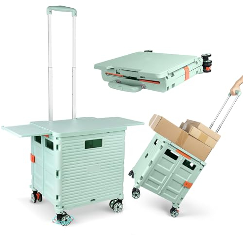 Einkaufstrolley 360°-Rollen Tragbar Sackkarre Klappbar Einkaufskorb mit Rollen Einziehbare Magnetische Tisch-Schiebeabdeckung Klappboxen Stabil bis 55kg Transportwagen (mit Deckel)-Grün