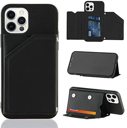 SATURCASE Case for Apple iPhone 12 Pro Max, PU Leather Soft Silicone TPU Anti-drop Foldable Kickstand Card Slots Metal Buttons Protective Back Cover for Apple iPhone 12 Pro Max (Black)