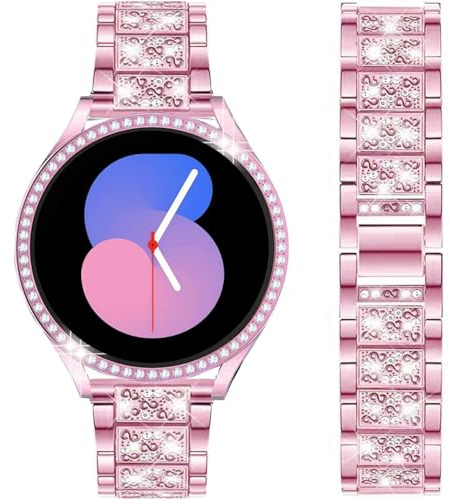 DEALELE Cinturino Compatibile con Samsung Galaxy Watch 5 Pro 45mm, Bracciale in Metallo Diamanti Strass 20mm con Custodia Protettiva per Donna Uomo, Rosa
