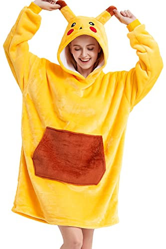Felpa Donna con Cappuccio Animale Oversize Panda Plaid Super Morbida e Calda con Tasca Frontale Coperta con Maniche Famiglia Pigiama Pile Invernale Aldult Taglia Unica (S, Giallo)
