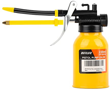 DIFFLIFE Oil Can Transparent High Pressure Oiler Lubrication 220ml Oil Can Bottle Oiling Gun with Rigid & Flex Spout Thumb Pump Tool Oiler (Yellow)-7.4 OZ.