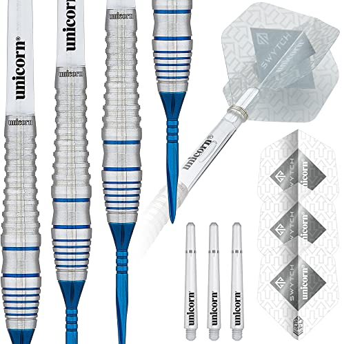 Unicorn Steel Tip Darts Set | Swytch | 80% Natural Tungsten Barrels with Blue Accents & Blue Volute Converta Points | 22 g