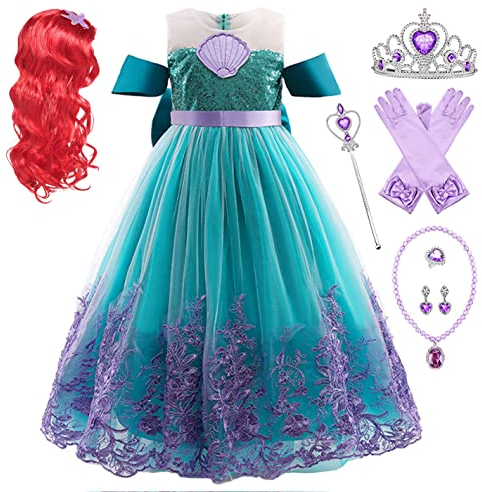 YOSICIL YOSICL Meerjungfrau Mädchen Kinder Ariel Kostüm mit Zubehöre Märchen für Cosplay Vekleidung Weihnachten Halloween Karneval Geburstagsparty Geschenk Outfits Fasching, Grün, 130