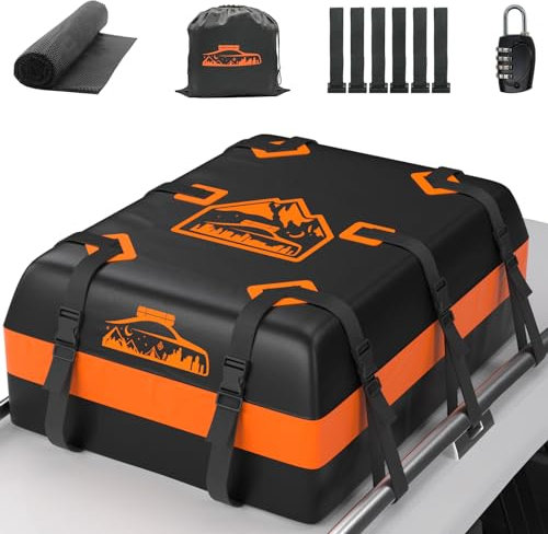BOYUJK Roof Bag 20 Cubic/566 L, Waterproof Car Roof Bag no Rack Needed, Car Roof Box with Anti-Slip Mat and 6 Heavy-Duty Straps, Folding Soft Roof Bag for Cars with/Without Rack（ Orange 566L ）