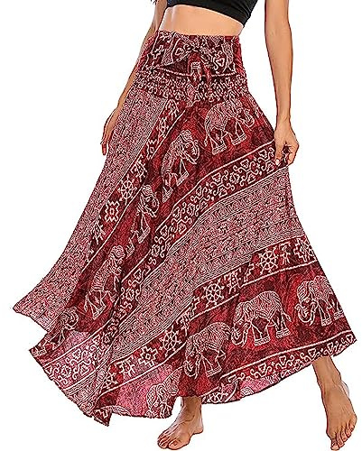 Adigaber Damen Maxirock 2-in-1 Böhmischem Blumendruck Einheitsgröße | Boho, Hohe Taille,Lang,Asymmetrisch,A-Line,Elastischer Bund,Party,Strand,Mit Gürtel,Sommer,Bauchkontrollierend,Fließend