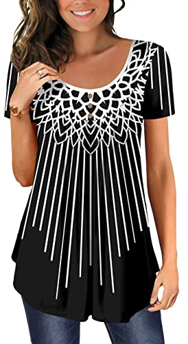 CHICZONE Plus Size Women's Tops Comfy Ladies Henley Shirts Round Neck Button up Tunic Pleated Blouse BlueHibiscus