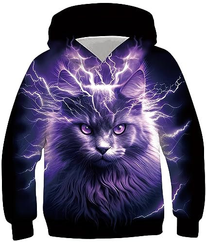 Fanient Felpa con Cappuccio Ragazze Maglione Ragazzi Viola Angry Cat Stampa Pullover Bambini Street Style Pullover con Cappuccio Felpa per Bambini 14-16 Anni