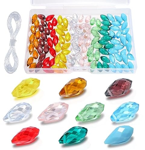 UHOMENY 100Pcs Teardrop Crystal Beads Mixed Colors Glass Beads Crystal Prism Lustered Drop Spacer Loose Beads Water drop Shape Top Drilled for Jewelry Craft Making Pendants, with Box and Elastic Rope