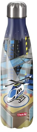 Step by Step Isolierte Edelstahltrinkflasche „Helicopter Sam blau - grau, für kohlensäurehaltige Getränke, auslaufsicher mit Schraubverschluss, 100% recycelbar, für Schule und Freizeit, 0,5 Liter