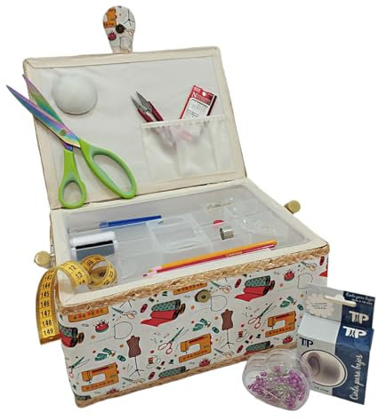 JYC CREATIVE Großer Nähkasten aus Holz mit Zubehör, mit Stoff ausgekleidete Nähbox mit 8 Fächern, Organizer mit Nadelhalter, Box mit Griff, Zubehörablage (groß, Maschine)