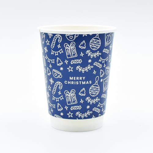 Merry Christmas 12oz Paper Cups - Disposable Christmas Takeaway Coffee Cups (Blue, 500)