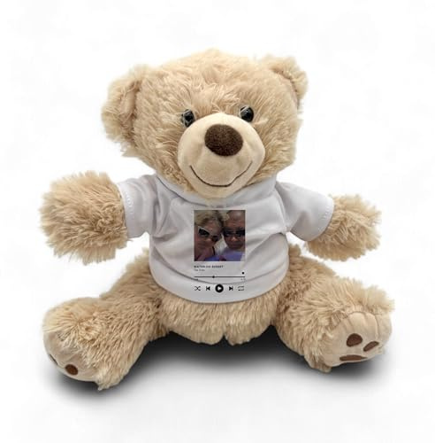 TheDogTagCo PERSONALISED Teddy Bear Music Player Design Custom PHOTO & Track Title Soft Plush Musical Teddy Print Unique Gift