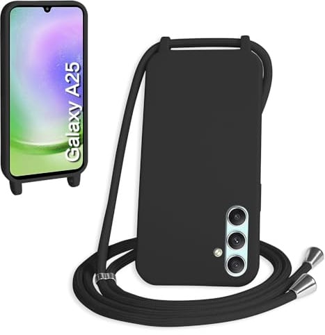 WenBaby Handykette für Samsung Galaxy A25 5G Hülle mit Band,Handyhülle mit Schnur zum Umhängen Silikon Seil Necklace Schutzhülle mit Kordel Tasche Case TPU Bumper für Galaxy A25 5G- Schwarz