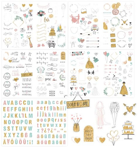 Sticker Hochzeit Set (321 Aufkleber), Sticker Gästebuch, Hochzeit Aufkleber für Gästebuch, Fotoalbum, Geschenk mit Glitzer (Gold Stil)