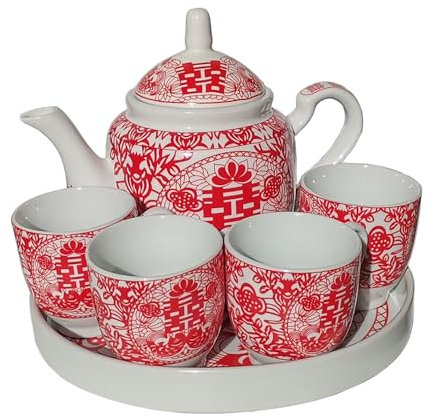 Chinesisches Tee-Geschenk-Set, Porzellan, Teekanne, 4 Tassen, Tablett für Erwachsene, Männer, Frauen, Teezeremonie, Hochzeit, Party, Heimdekoration (Double Happiness S)