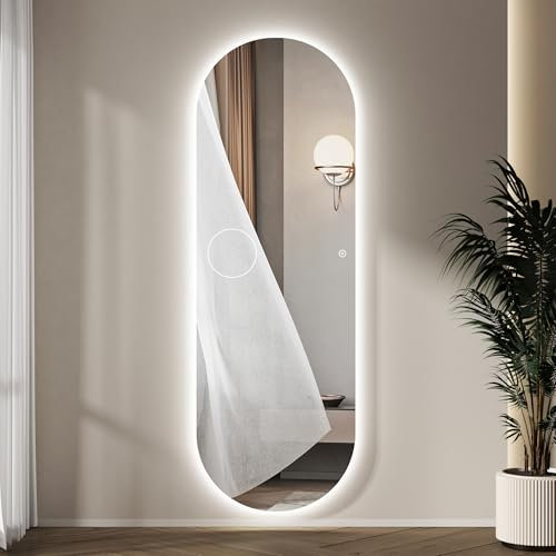 HY-RWML Ganzkörperspiegel mit Beleuchtung mit 10x Lupe 150 x 50 cm 3 Lichtfarbe Oval Standspiegel LED Wandspiegel mit Touch-Schalter