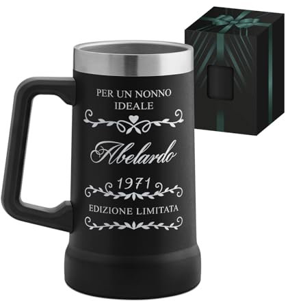 Maverton Boccale da birra personalizzato in acciaio inox - Tazza termica da camping 700ml - Bicchiere termico nero 6h caldo/10h freddo - Idee regalo campeggio - Regalo nonno compleanno - Regali uomo