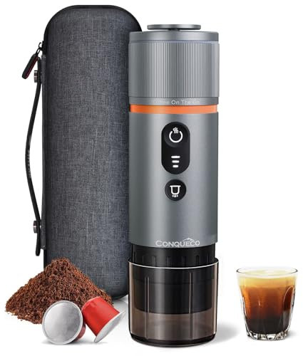 CONQUECO Macchina per caffè espresso portatile 12 v: macchina da caffè da viaggio per auto con borsa - 2,5 minuti di riscaldamento rapido - 8 tazze di caffè espresso con una ricarica compatibile per