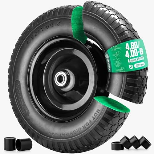 Ruota per Carriola Anti-Foratura 4.80/4.00-8 con Cerchio in Acciaio - Ruota Piena 400x100 per Carriola, Etc. - Carico Max 150 kg - Include Distanziali in Nylon - Foro da 20 mm - MOOVMOOV