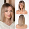 HAIRCUBE Damen Perücke 16 Zoll Ombre Braun mit Blonde Highlight Perücke Damen Vorhang Pony Frauen Perücken Synthetische Perücke mit Bangs Welle Perücke für Täglich und Cosplay