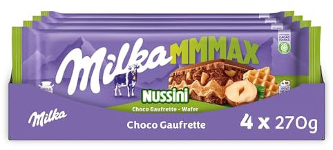 MILKA - 4 Tablettes de Chocolat au Lait Milka MMMAX Nussini 270g - Chocolat au Tendre Lait du Pays Alpin - Lot de Tablettes de Chocolat Milka et Choco Gaufrette - Lot de 4x270g