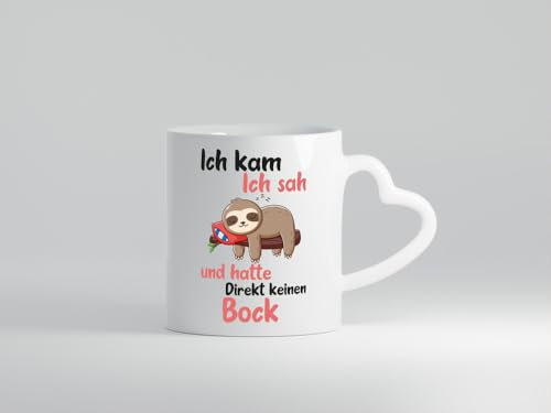 Ich kam, sah und hatte keinen Bock | Faultier - Herzhenkel Tasse - Kaffeetasse/Geschenk/Familie