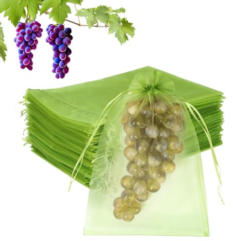 Fruit Protection Bags, 100 Pcs Fruit Netting Bags with Drawstring, 20 x 15 cm Green Organza Gift Bag-s, Garden Plant Protect mesh Bag for Fruits Tree Strawberry Grape