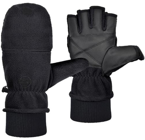 Harssidanzar Herren Fleece Fäustlinge Handschuhe Thermo Fäustlinge Flip Kaltwetterhandschuhe SM053EU,Schwarz,Größe L