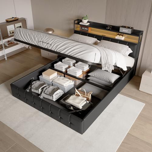 PerGar 160 x 200 cm großes Polsterbett, schwarzes Luxus-PU-Lederbett, modernes Bett mit LED-Beleuchtung, Doppelbett mit pneumatischem Stauraum, geeignet für Moderne Schlafzimmer