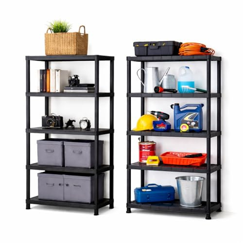DUAS 4-5 Tier Plastic Shelving Rack Storage Unit Heavy-Duty Racking Shelves for Home, Office, Garage, Utility Room, Workshop, Black, Easy Assembly (2, 5 Tier)