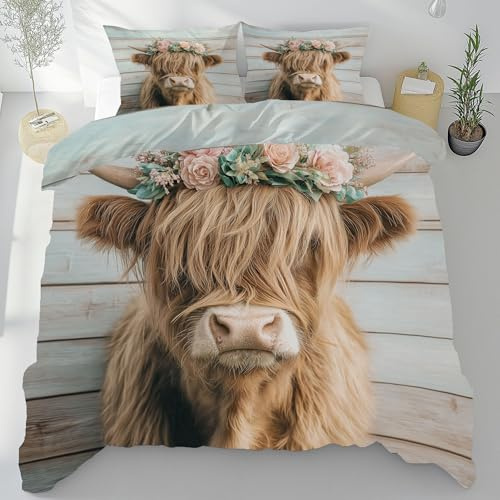 Highland Cow Kuh Bettwäsche 135x200 3 Teilig, Rustikale Bauernhof Tier | Bettbezug, Nette Tiermuster Bettwäsche Set, Wendebettwäsche mit Reißverschluss und 2 Kissenbezug