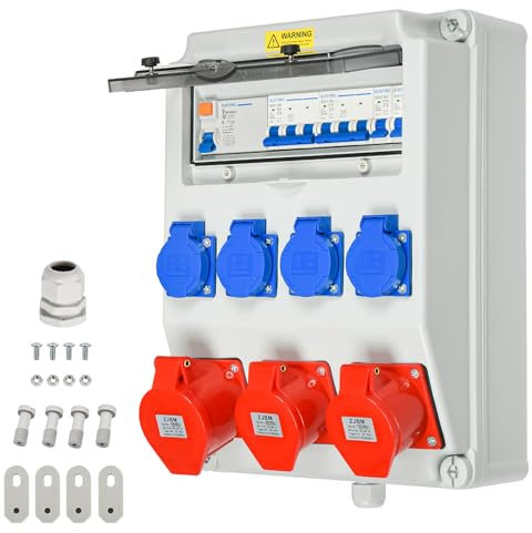 TEOV Baustromverteiler Wandverteiler mit LS Schalter und FI Schalter, IP44 2x CEE 16A 5P +1x CEE 32A+ 4x 230V Schuko Steckdose Wandverteiler Stromverteiler für Innen und Außen