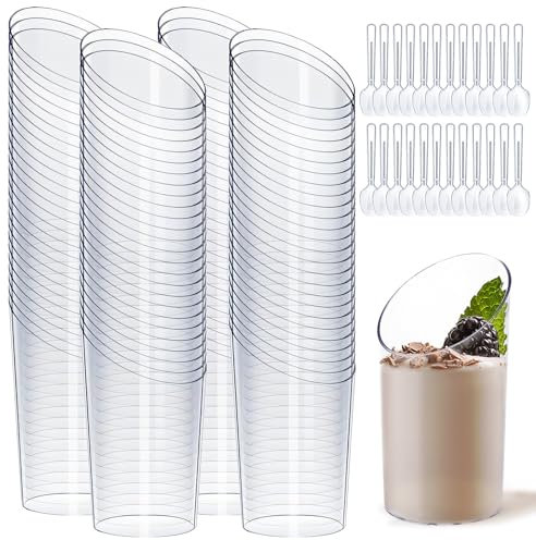 KOOSREEL 100Pcs Mini Angled Dessert Cups, 2.5Oz/75ml Plastic Round Dessert Cups Clear Reusable Serving Bowl with Spoons for Dessert,Pudding,Mousse,Party