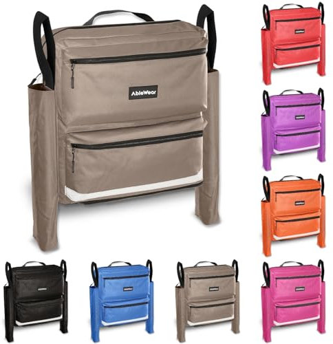 AbleWear Wheelchair Bag with Crutch Pockets – Grey | Wheelchair Accessory | Expandable Storage Bag for Wheelchair | Wheelchair Shopping Bag for Back of Wheelchair | Wheelchair Bag for Back of Chair